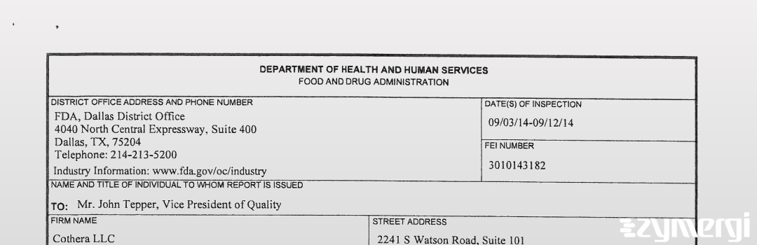 FDANews 483 Cothera, LLC Sep 12 2014 top