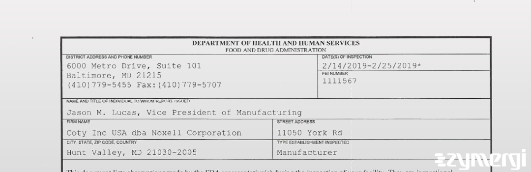 FDANews 483 Coty Inc USA dba Noxell Corporation Feb 25 2019 top