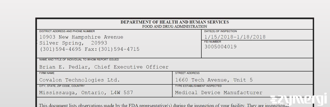 FDANews 483 Covalon Technologies Inc. Jan 18 2018 top