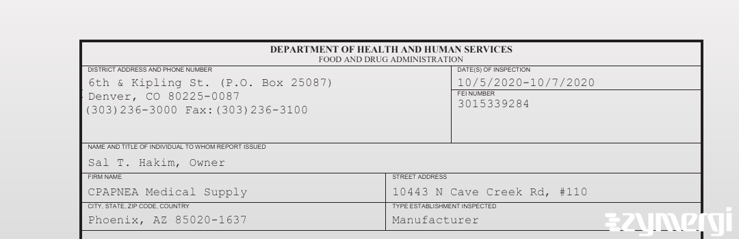 FDANews 483 CPAPNEA Medical Supply Oct 7 2020 top