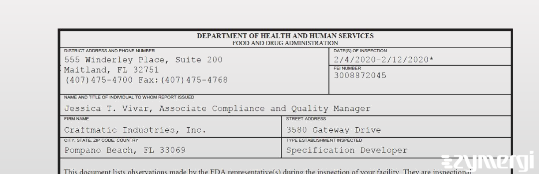 FDANews 483 Craftmatic Industries, Inc. Feb 12 2020 top