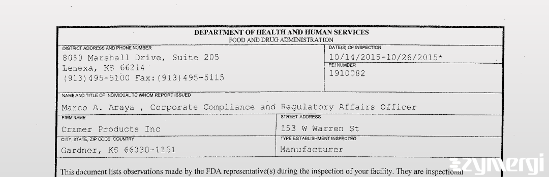 FDANews 483 Cramer Products Inc Oct 26 2015 top