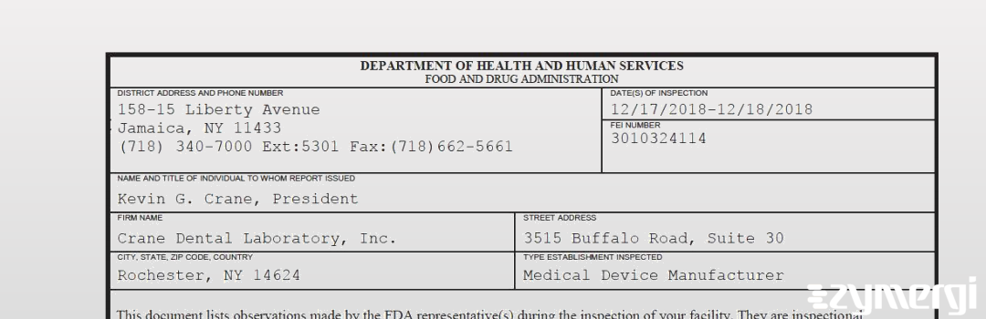 FDANews 483 Crane Dental Laboratory, Inc. Dec 18 2018 top