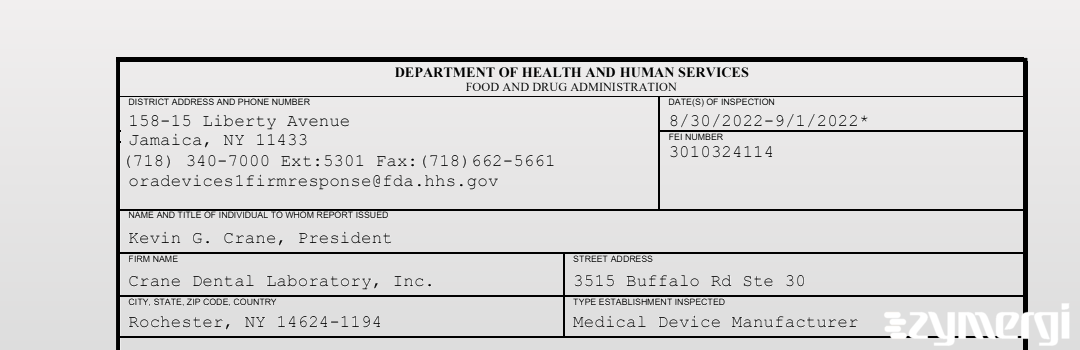 FDANews 483 Crane Dental Laboratory, Inc. Sep 1 2022 top