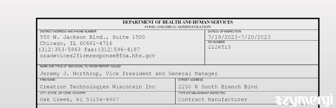 FDANews 483 Creation Technologies Wisconsin Inc Jul 20 2023 top