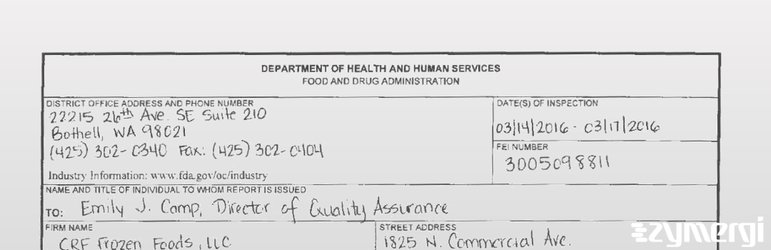 FDANews 483 CRF Frozen Foods, LLC Mar 17 2016 top