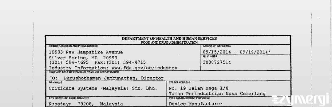 FDAzilla 483 Criticare Systems (Malaysia) Sdn. Bhd. Sep 19 2014 top