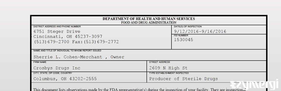 FDANews 483 Crosbys Drugs Inc Sep 16 2016 top