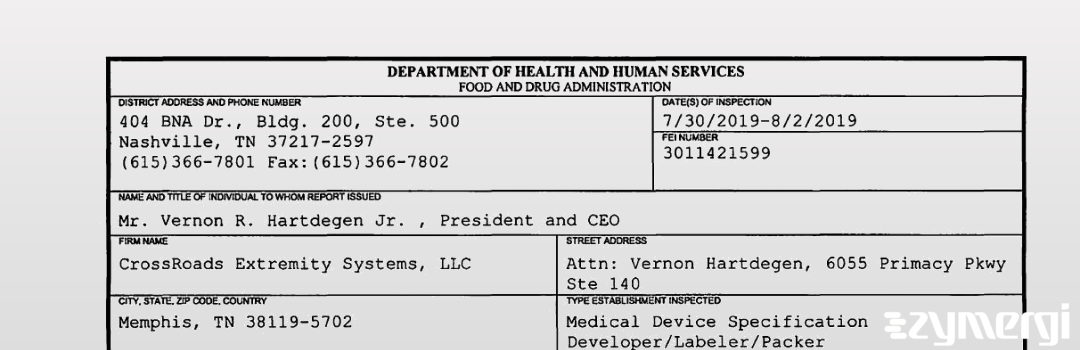 FDANews 483 CROSSROADS EXTREMITY SYSTEMS LLC Aug 2 2019 top