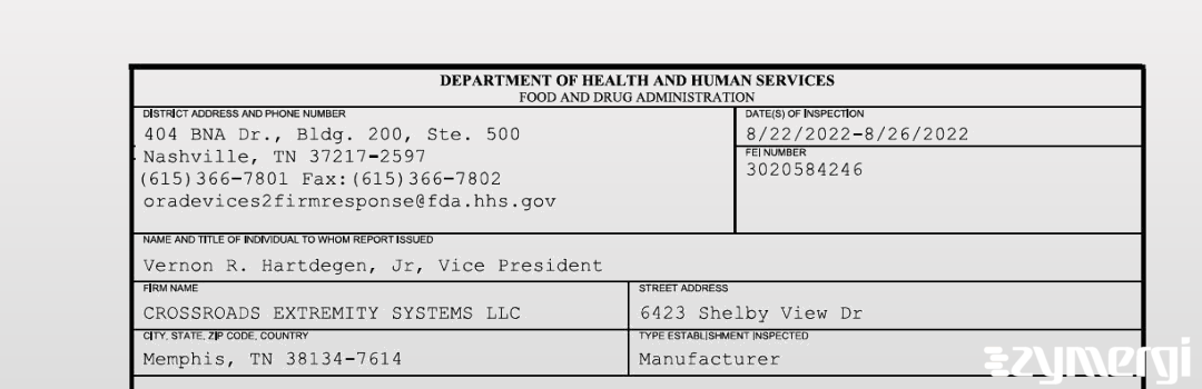 FDANews 483 CROSSROADS EXTREMITY SYSTEMS LLC Aug 26 2022 top