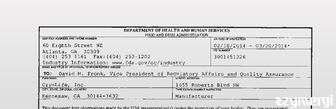 FDANews 483 CryoLife, Inc. Mar 19 2014 top