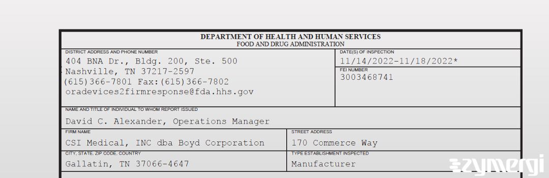 FDANews 483 CSI Medical, INC dba Boyd Corporation Nov 18 2022 top