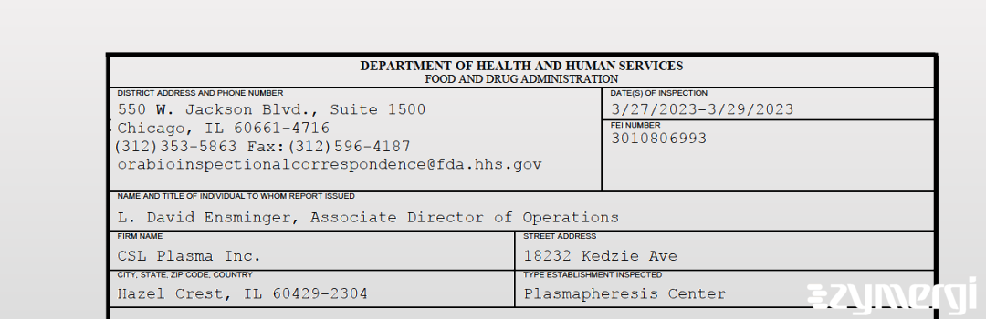 FDANews 483 CSL Plasma Inc. Mar 29 2023 top