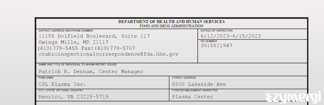 FDANews 483 CSL Plasma Inc. Jun 15 2023 top