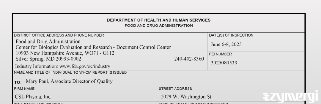 FDANews 483 CSL Plasma Inc. Jun 8 2023 top