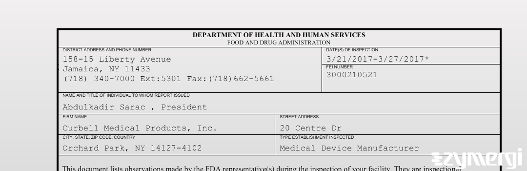 FDANews 483 Curbell Medical Products, Inc. Mar 27 2017 top