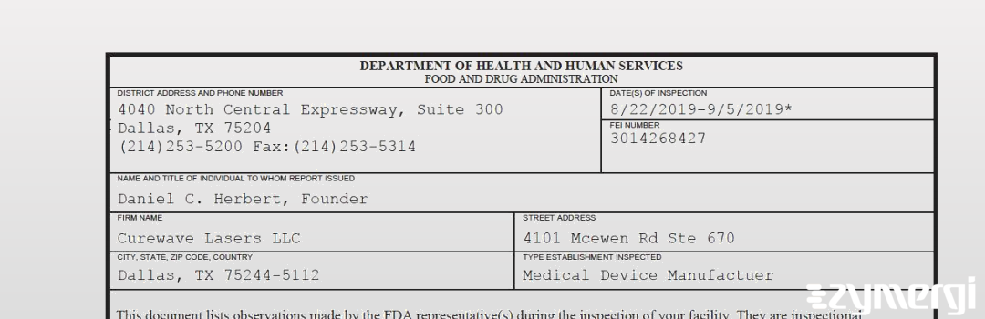 FDANews 483 Curewave Lasers LLC Sep 5 2019 top