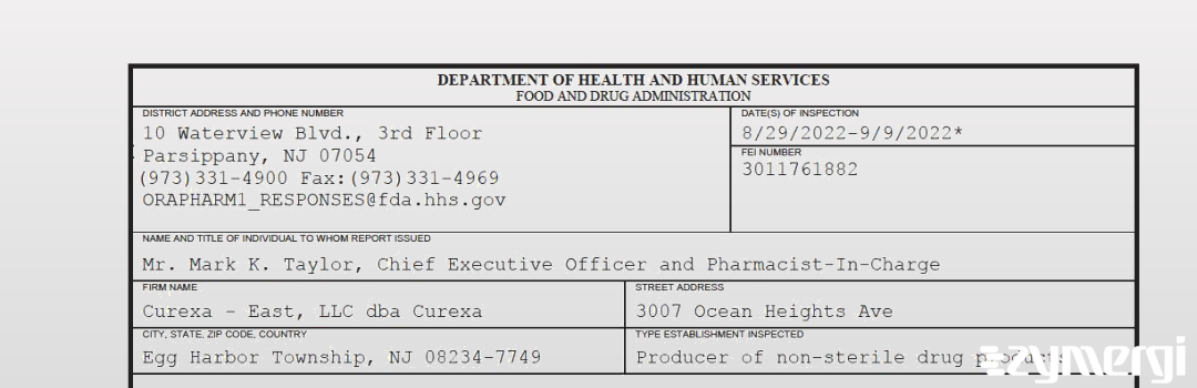 FDANews 483 Curexa - East, LLC dba Curexa Sep 9 2022 top