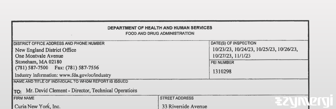 FDANews 483 Curia New York, Inc. Nov 1 2023 top