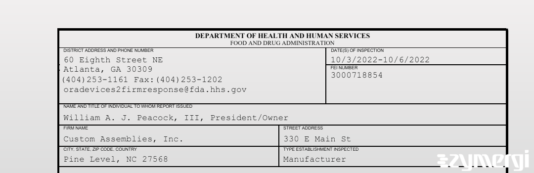 FDANews 483 Custom Assemblies, Inc. Oct 6 2022 top