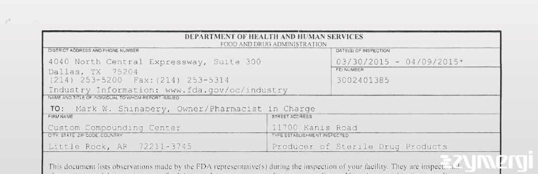 FDANews 483 Custom Compounding Center Apr 9 2015 top