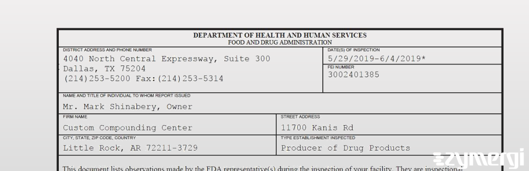 FDANews 483 Custom Compounding Center Jun 4 2019 top