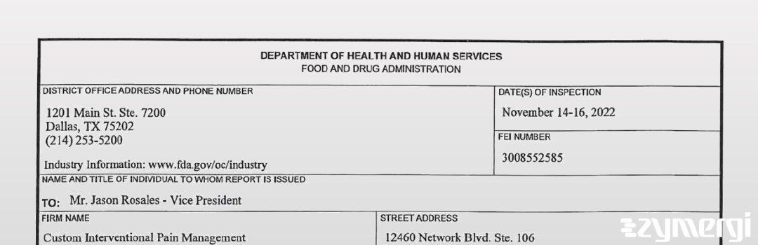 FDANews 483 Custom Interventional Pain Management, LLC Nov 16 2022 top