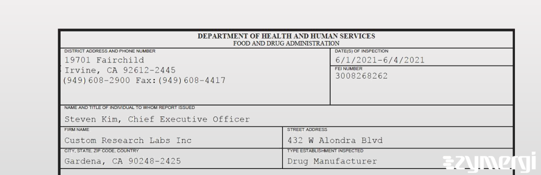 FDANews 483 Custom Research Labs Inc Jun 4 2021 top