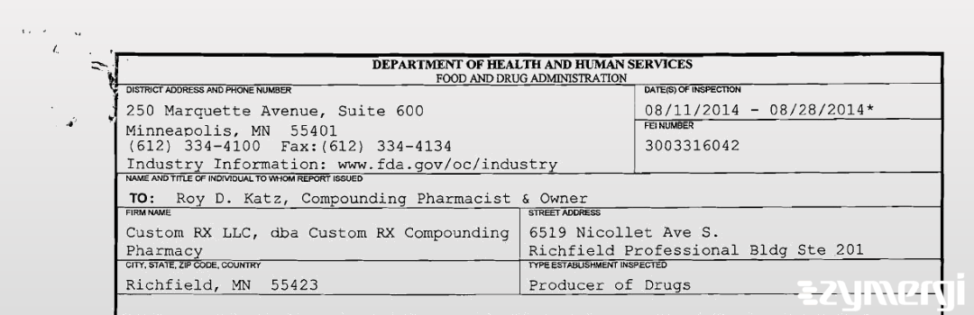 FDANews 483 Custom RX LLC, dba Custom RX Compounding Pharmacy Aug 28 2014 top