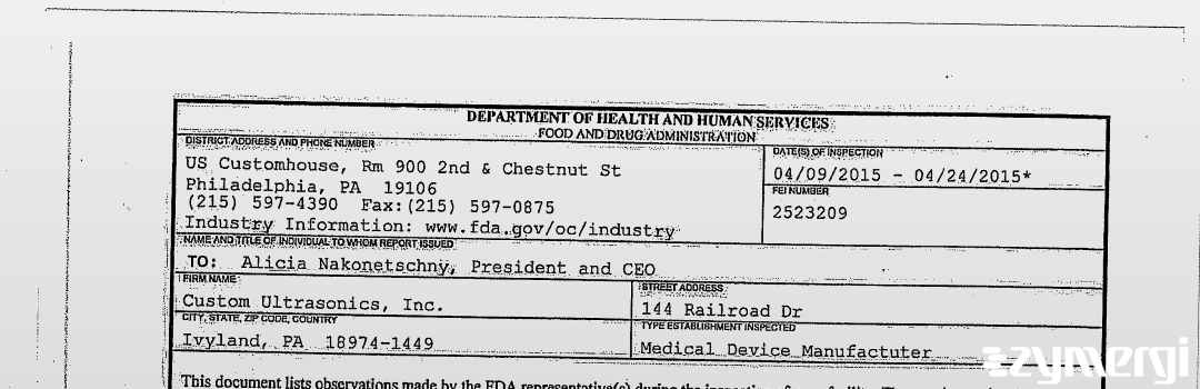 FDANews 483 Custom Ultrasonics, Inc. Apr 24 2015 top