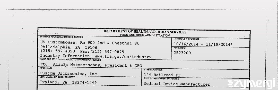 FDANews 483 Custom Ultrasonics, Inc. Nov 19 2014 top