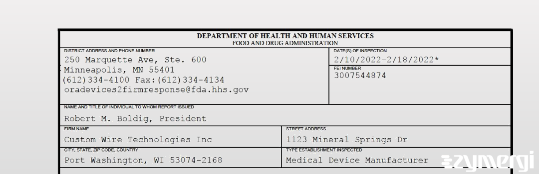 FDANews 483 Custom Wire Technologies Inc Feb 18 2022 top