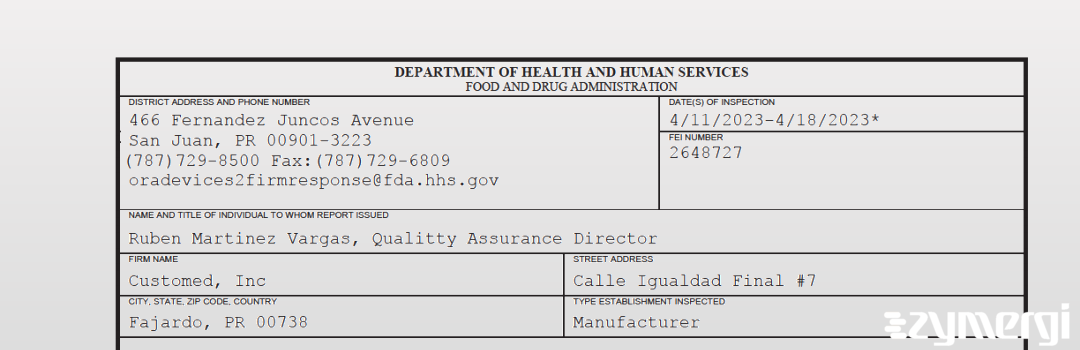 FDANews 483 Customed, Inc Apr 18 2023 top