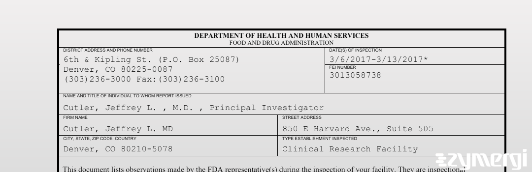 FDANews 483 Cutler, Jeffrey L. MD Mar 13 2017 top