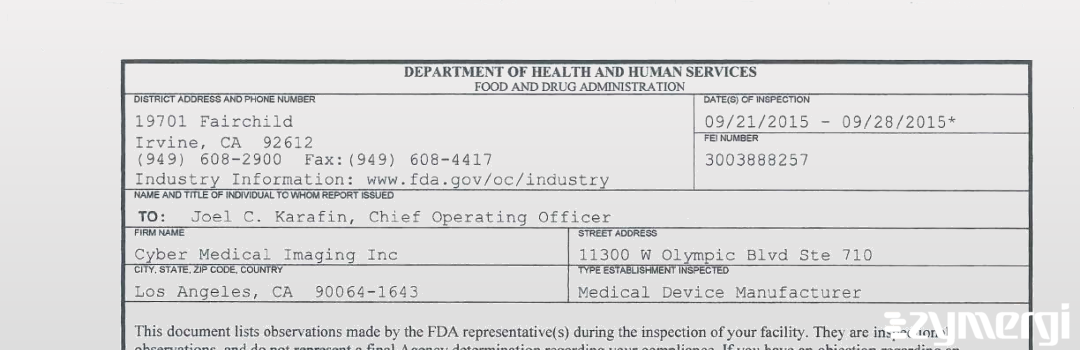 FDANews 483 Cyber Medical Imaging Inc Sep 28 2015 top