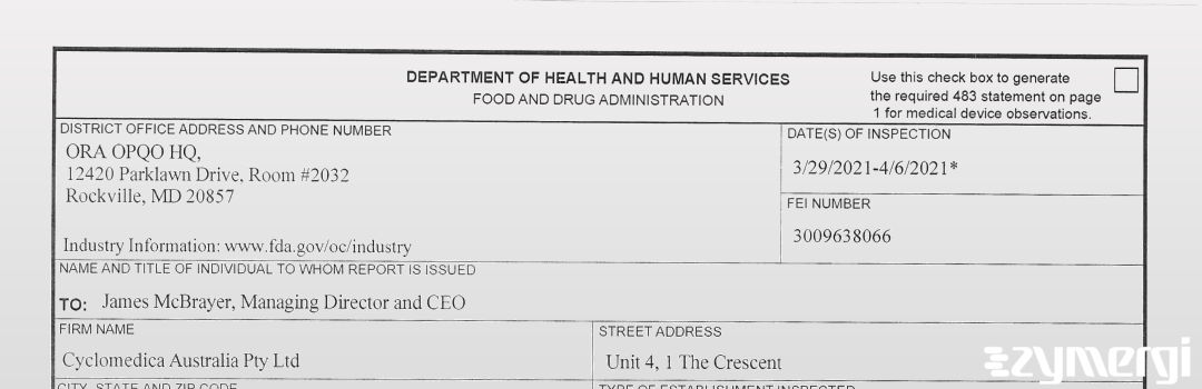 FDANews 483 Cyclomedica Australia Pty Ltd Apr 6 2021 top