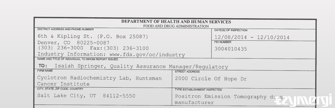 FDANews 483 Cyclotron Radiochemistry Lab, Huntsman Cancer Institute Dec 10 2014 top