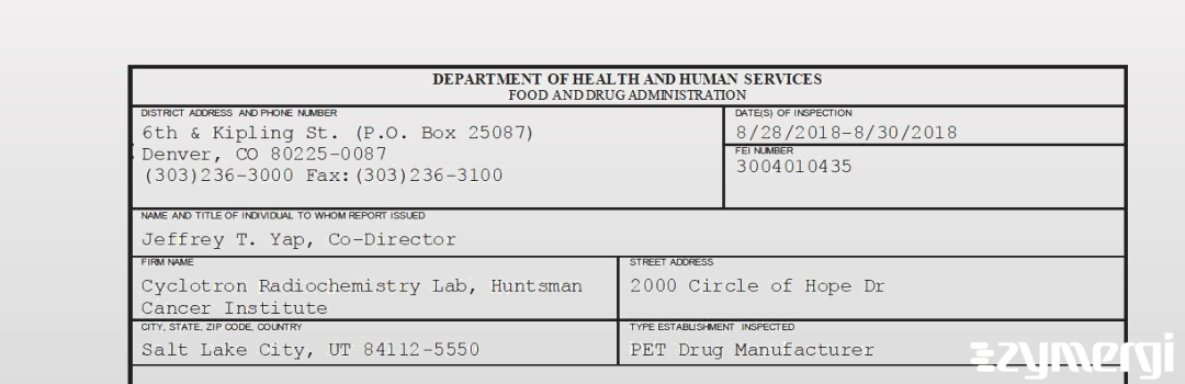 FDANews 483 Cyclotron Radiochemistry Lab, Huntsman Cancer Institute Aug 30 2018 top