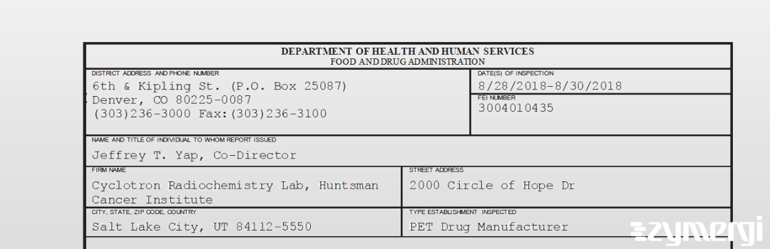 FDANews 483 Cyclotron Radiochemistry Lab, Huntsman Cancer Institute Aug 30 2018 top