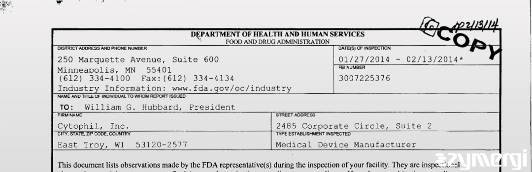 FDANews 483 Cytophil, Inc. Feb 13 2014 top