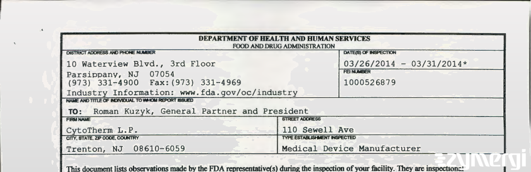 FDANews 483 CytoTherm L.P. Mar 31 2014 top