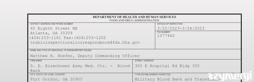 FDANews 483 D. D. Eisenhower Army Med. Ctr. -  Blood Bank Mar 24 2023 top