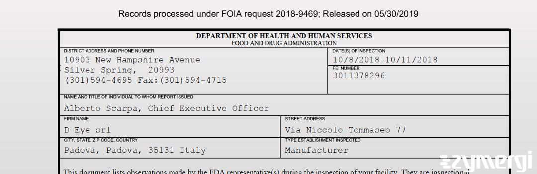 FDANews 483 D-Eye SRL Oct 11 2018 top