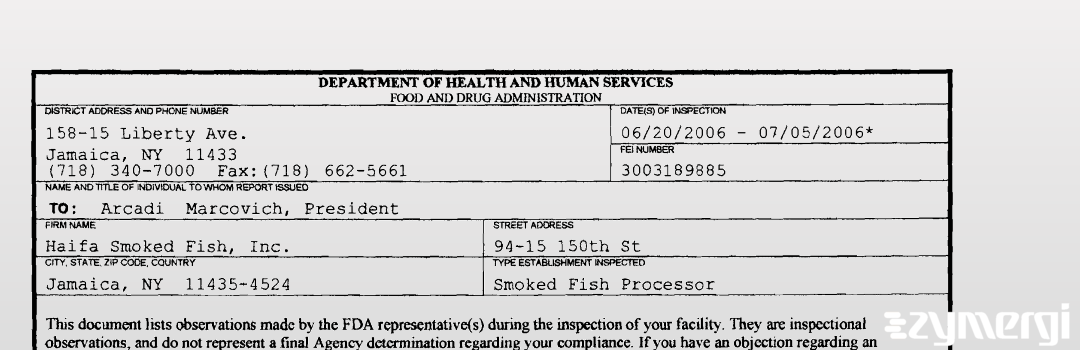 FDANews 483 D & M Smoked Fish, Inc. dba Haifa Smoked Fish Jul 5 2006 top