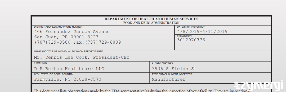 FDANews 483 D R Burton Healthcare LLC Apr 11 2019 top