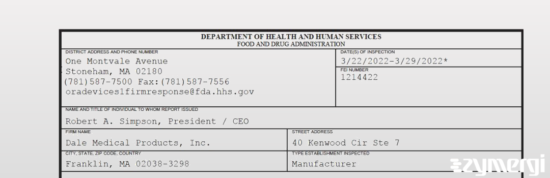 FDANews 483 Dale Medical Products, Inc. Mar 29 2022 top