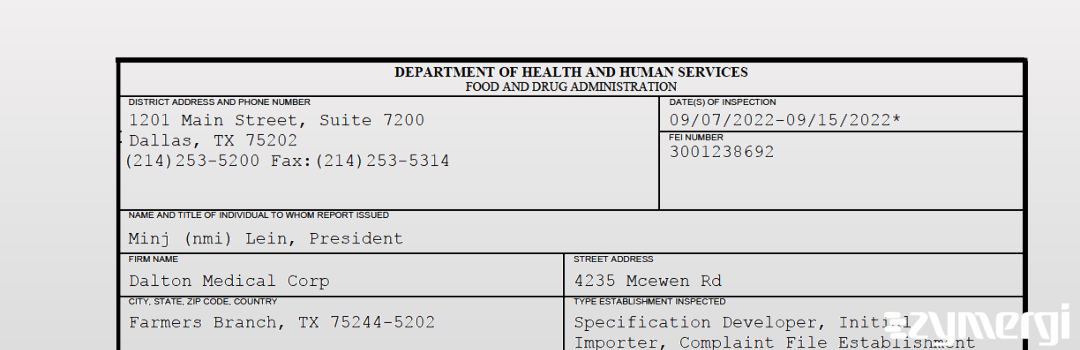 FDANews 483 Dalton Medical Corp Sep 15 2022 top