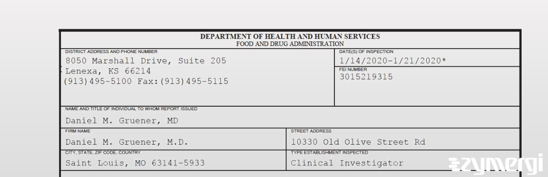 FDANews 483 Daniel M. Gruener, M.D. Jan 21 2020 top