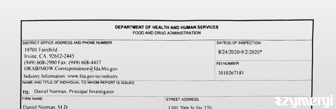 FDANews 483 Daniel Norman, M.D. Sep 2 2020 top