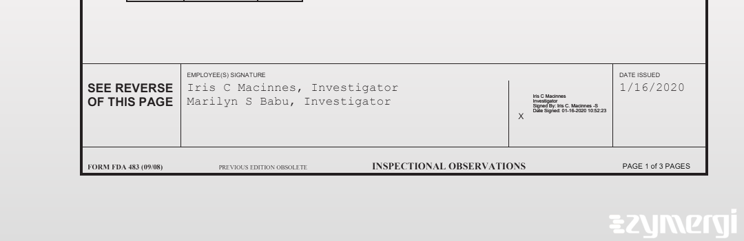 Iris C. Macinnes FDA Investigator Marilyn S. Babu FDA Investigator 